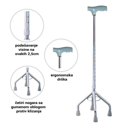 Štap za hodanje sa četiri tačke oslonca, aluminijumski okvir i anatomska drška