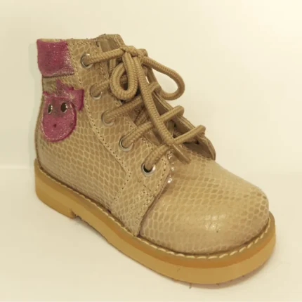 Ortopedske cipele za devojčice sa bež zmijskom kožom i šljokičastim mačkom