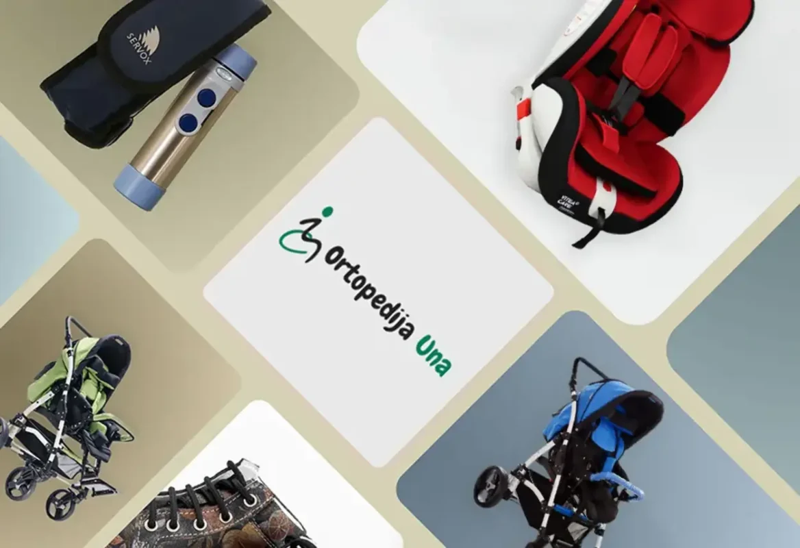 Ortopedija Una logo u sredini sa proizvodima oko njega: invalidska kolica, auto neurolosko sedište, govorni aparat, ortopedske cipele.
