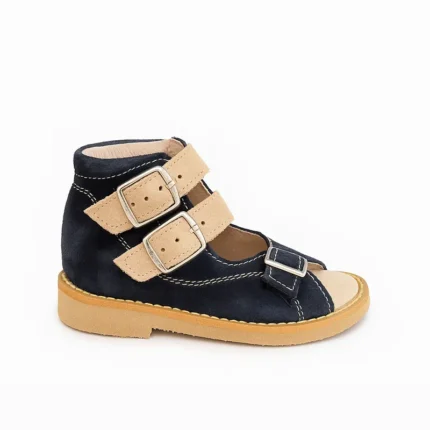 Tamno plava sandala za dečake sa 3 bež kaiša - Ortopedija Una, bočni prikaz