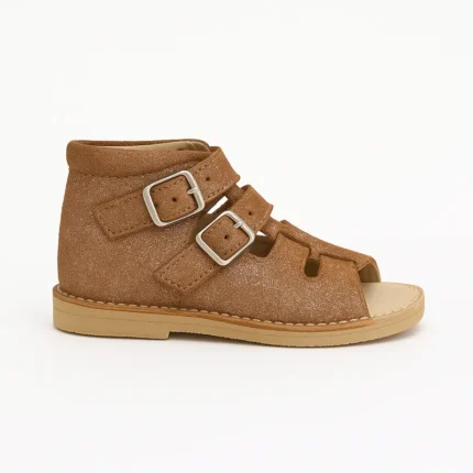 Braon šljokičasta sandala za devojčice sa 3 kaiša - Ortopedija Una, pogled bočno